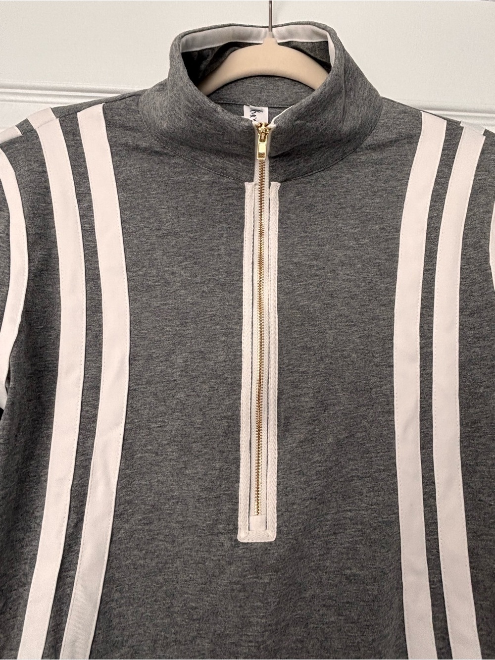 NWT Modesees Women's Dress Stretchy Knit Zip Polo Collar Maxi Polo Gray Stripes - Picture 4 of 9